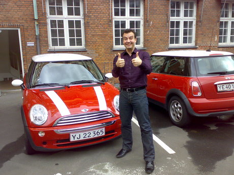 Alexander Kjerulf and his (rented) Mini Cooper