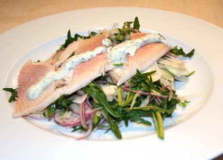 Fennel, arugula and smoked trout salad with horseradish dressing