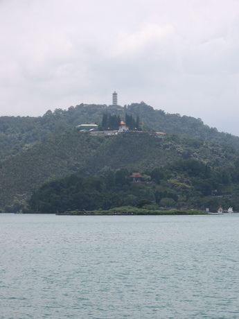 Looking across the lake to the temples and pagoda, roughly along the axis where they line up