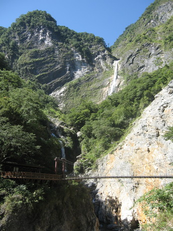 Waterfalls and a foot bridge in Taroko