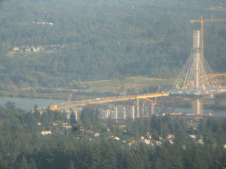 The Port Mann bridge and construction on the new bridge. The range is about 9km.