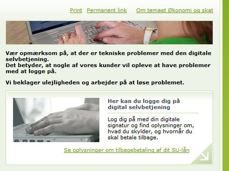Borger.dk viser en statusbesked om midlertidige problemer med digital signatur.